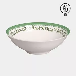 Jogo De Bowls Arabescos<BR>- Branco & Verde<BR>- 6Pçs<BR>- 350ml<BR>- Alleanza Ceramica