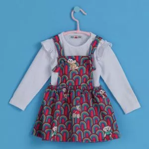 Vestido Infantil com sobreposição Turma Da Mônica®<BR>- Vermelho & Azul Claro<BR>- Mon Sucré