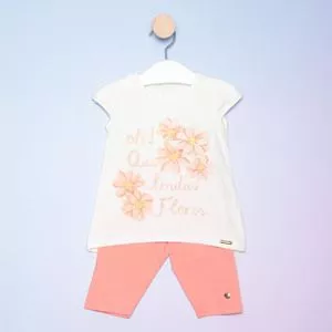 Conjunto Infantil de Blusa Floral & Bermuda<BR>- Off White & Rosa