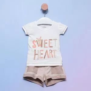Conjunto Infantil De Blusa Sweet Heart & Short<BR>- Off White & Bege