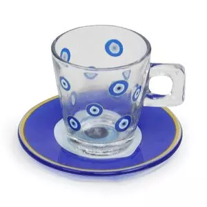 Xícara De Café Olho Grego<BR>- Incolor & Azul<BR>- 7xØ10cm<BR>- Decor Glass
