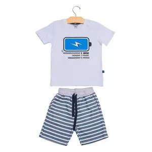Conjunto Infantil de Camiseta & Bermuda<BR>- Branco & Azul Marinho