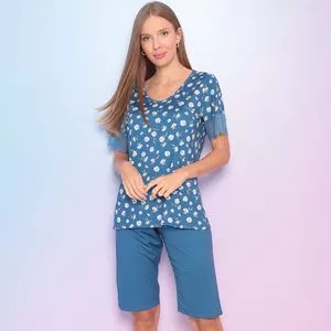 Pijama Floral Com Renda<BR>- Azul & Branco<BR>- Use Mavi