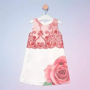 Vestido Infantil Floral<BR>- Branco & Vermelho