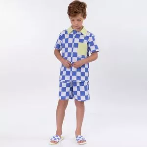 Pijama Infantil Quadriculado<BR>- Branco & Azul Escuro<BR>- Veggi