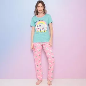 Pijama Preguiças<BR>- Verde Água & Rosa Claro<BR>- Puket