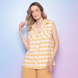 Camisa Xadrez Com Bolsos<BR>- Amarela & Off White