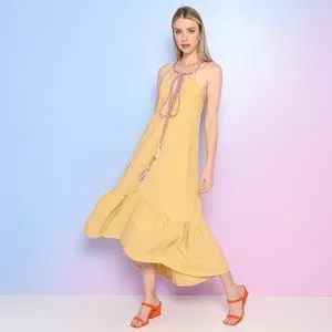Vestido Midi Com Amarração<BR>- Amarelo & Rosa