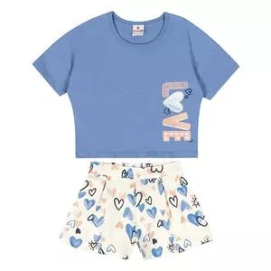 Conjunto Infantil De Blusa Cropped & Short Corações<br /> - Azul Claro & Branco<br /> - Brandili