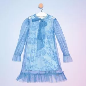 Vestido Infantil Com Sobreposição Em Tule<BR>- Azul<BR>- Luluzinha