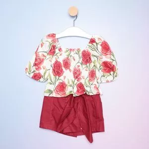 Conjunto Infantil De Blusa Floral & Short Com Amarração<BR>- Off White & Bordô<BR>- Luluzinha