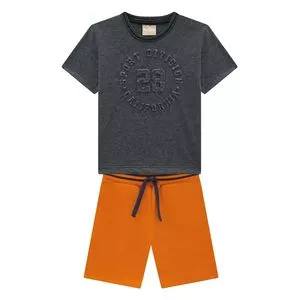Conjunto Infantil De Camiseta & Bermuda Com Inscrições<BR>- Cinza Escuro & Laranja<BR>- Milon
