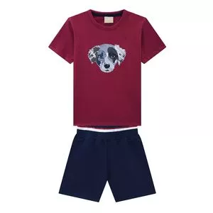 Conjunto Infantil De Camiseta Cachorro & Bermuda<BR>- Bordô & Azul Marinho<BR>- Milon
