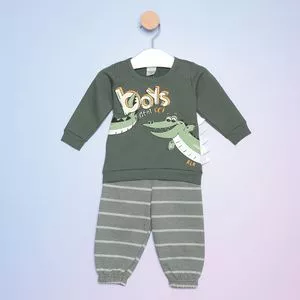 Conjunto Infantil De Blusão & Calça Jogger<BR>- Verde Militar & Cinza Escuro