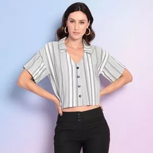 Camisa Cropped Listrada<BR>- Cinza & Off White<BR>- Stampo