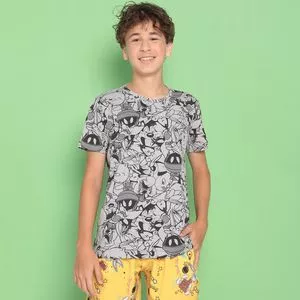 Camiseta Juvenil Looney Tunes®<BR>- Cinza & Preta