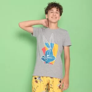 Camiseta Juvenil Pernalonga®<BR>- Cinza & Azul