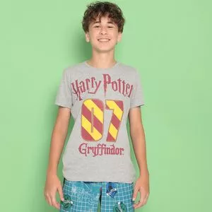 Camiseta Juvenil Harry Potter®<BR>- Cinza & Vermelho Escuro