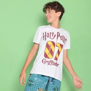 Camiseta Juvenil Harry Potter®<BR>- Branca & Vermelho Escuro
