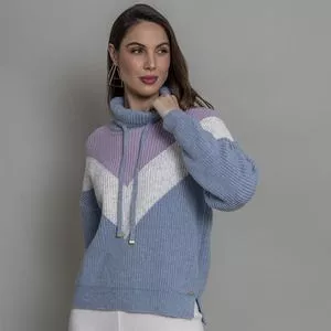 Suéter Em Tricô<BR>- Azul Claro & Branco