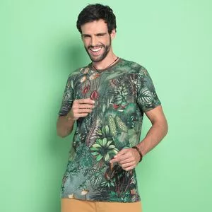 Camiseta Folhagens Com Linho<BR>- Verde Escuro & Bordô<BR>- Colcci