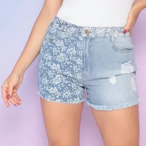 Short Jeans Floral<BR>- Azul