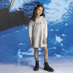 Vestido Infantil Com Capuz<BR>- Cinza Claro & Off White