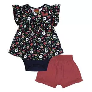 Conjunto Infantil De Vestido Body Floral & Short<BR>- Azul Marinho & Pink