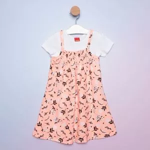 Conjunto Infantil De Vestido Floral & Camiseta<BR>- Rosa Claro & Branco