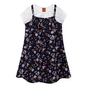 Conjunto Infantil De Vestido Floral & Camiseta<BR>- Azul Marinho & Cinza Claro