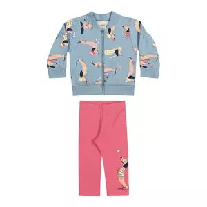 Conjunto De Blusa Cachorrinho & Calça Reta<BR>- Azul Claro & Rosa