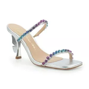 Tamanco Em Couro Com Pedrarias<BR>- Prateado & Roxo
