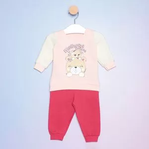 Conjunto Infantil De Blusão Com Inscrições & Calça Com Recortes<BR>- Rosa Claro & Pink