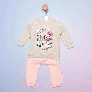Conjunto Infantil De Blusão Pandinha & Calça Com Recortes<BR>- Cinza Claro & Rosa Claro
