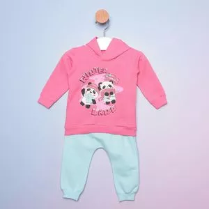 Conjunto Infantil De Blusão Pandinha & Calça Com Recortes<BR>- Pink & Azul Claro