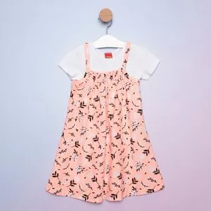 Conjunto Infantil De Vestido Floral & Camiseta<BR>- Rosa Claro & Branco