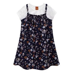 Conjunto Infantil De Vestido Floral & Camiseta<BR>- Azul Marinho & Cinza Claro