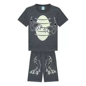 Pijama Infantil Dinossauro<BR>- Cinza Escuro & Off White