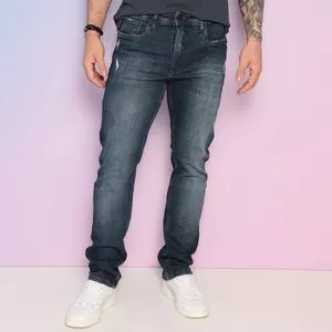 Calça Jeans Reta Com Recortes<BR>- Azul Marinho