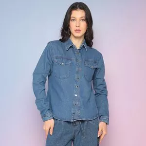 Camisa Jeans Com Recortes<BR>- Azul<BR>- Zune