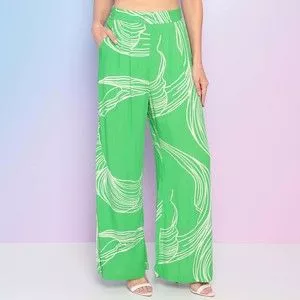 Calça Pantalona Folhagens<BR>- Verde & Branca