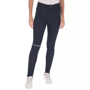 Calça Jeans Skinny Com Destroyed<BR>- Azul Marinho