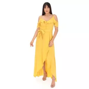 Vestido Longo Com Laço<BR>- Amarelo<BR>- Chic & Elegante