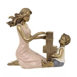 Escultura Decorativa Mãe & Filho<BR>- Dourada & Rosa Claro<BR>- 12x13x7cm<BR>- Mabruk