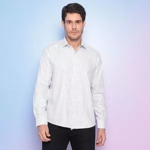 Camisa Slim Fit Geométrica<BR>- Branca & Azul Marinho