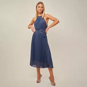 Vestido Mídi Plissado Com Fios Metalizados<BR>- Azul Marinho & Prateado