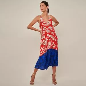 Vestido Mídi Arabescos<BR>- Vermelho & Azul