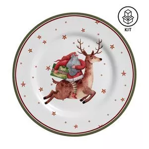 Jogo De Pratos Para Sobremesa Papai Noel<BR>- Branco & Vermelho<BR>- 6Pçs<BR>- 195ml
