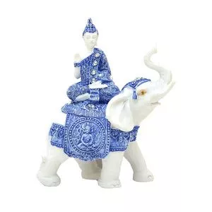 Buda No Elefante Decorativo<BR>- Branco & Azul<BR>- 18x15x8cm