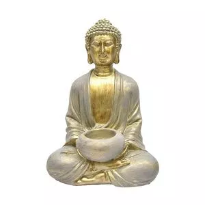 Buda Decorativo<BR>- Dourado & Cinza<BR>- 22,5x15x14cm